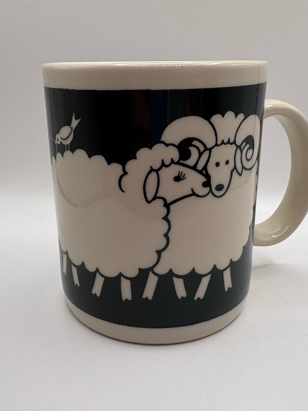 Vintage Papel Barnyard Animals Sheep Ram Mug Dark Green White Ceramic